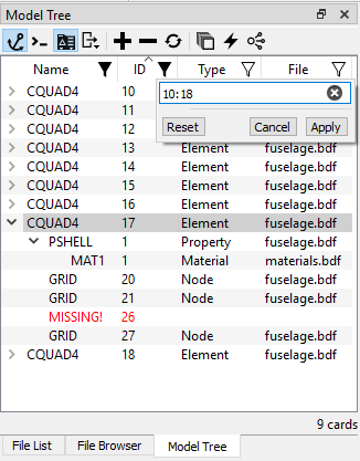 Model tree Nastran card mode