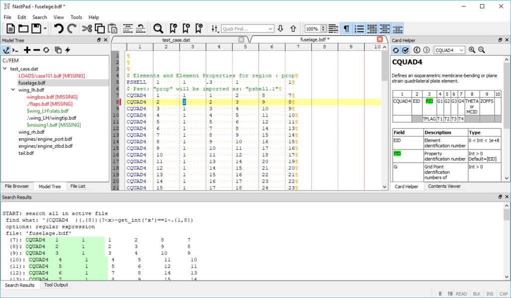 NastPad nastran text editor syntax highlighting quick reference guide